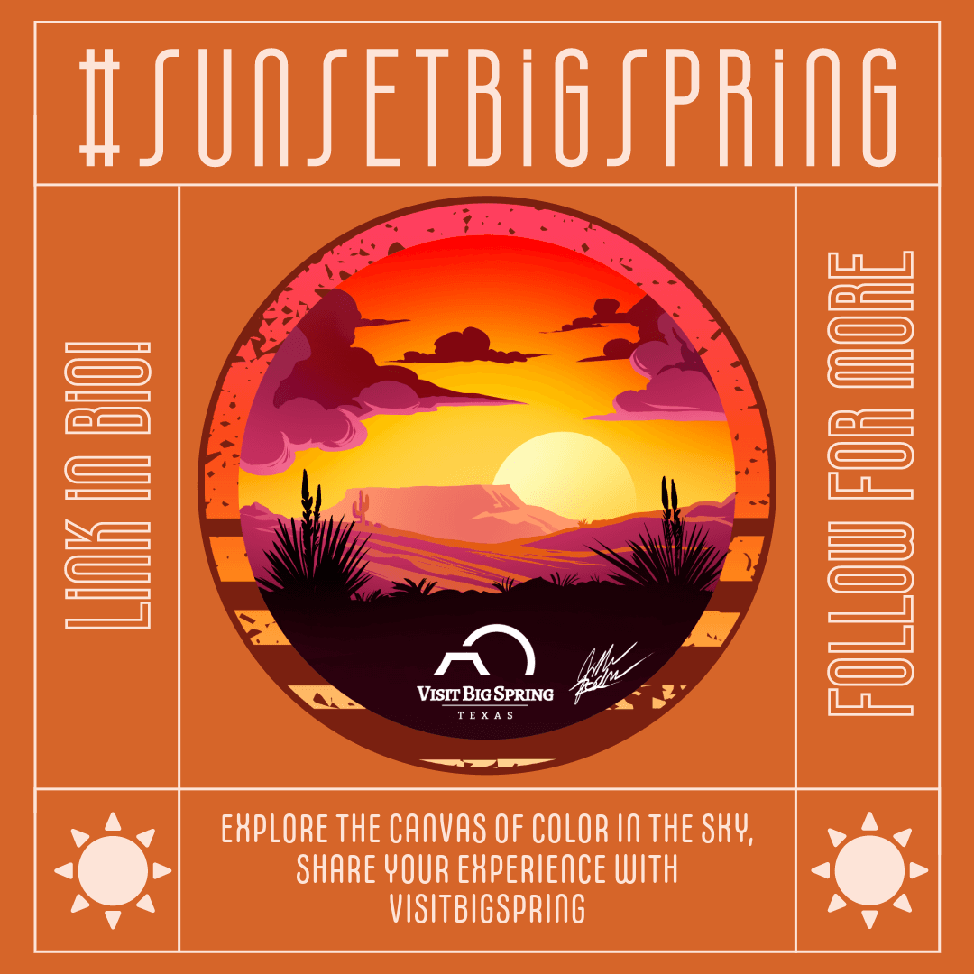 Social Media Promotional graphic for #SUNSETBIGSPRING with a stylized sunset illustration.